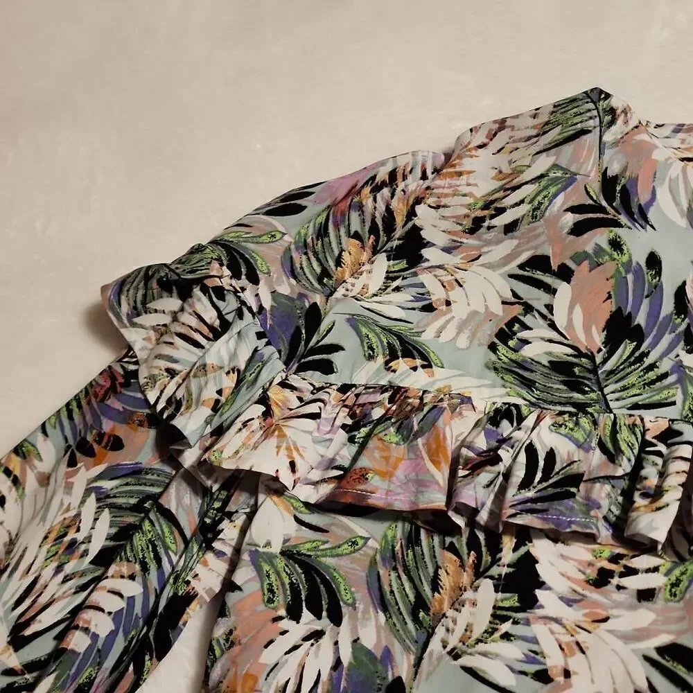 Aimae Tropical Print Ruffled Yoke Button Front Western Flair Long Sleeve Size Me